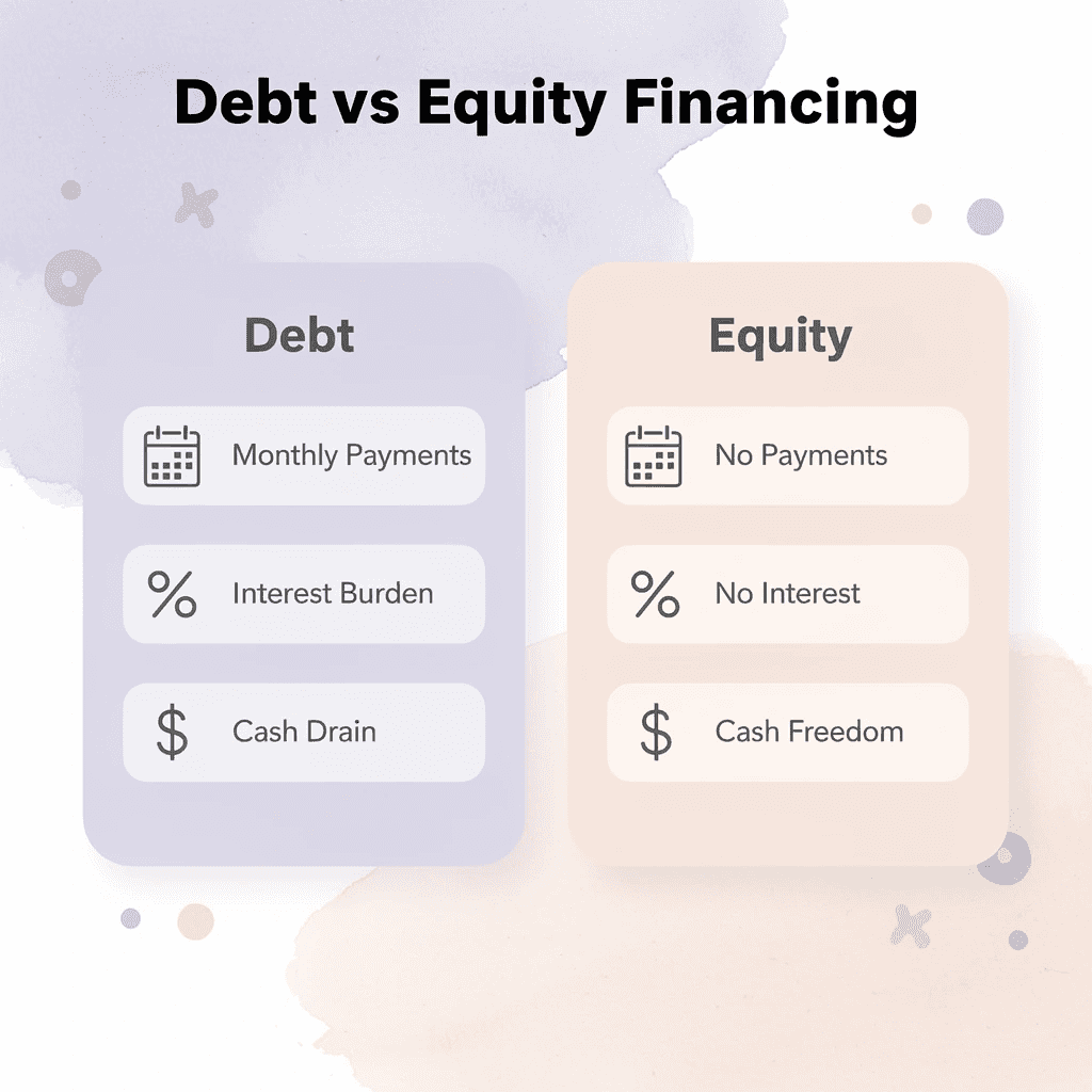 Comparison chart showing debt versus equity financing differences