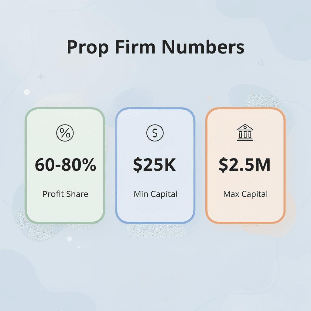 Statistics showing prop firm profit sharing and capital ranges