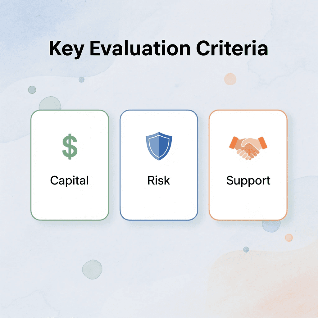 Three key criteria for evaluating prop firms: capital access, risk management, and trader support