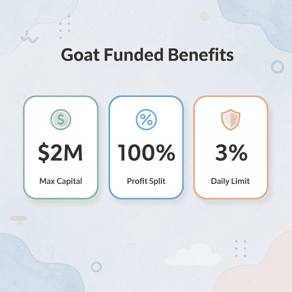 Key metrics showing Goat Funded Trader benefits, including maximum capital, profit split, and daily limit