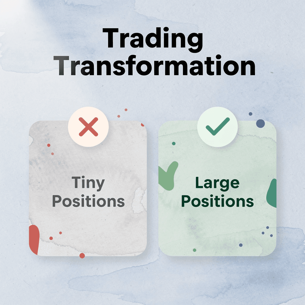 Before and after comparison showing transformation from tiny to large trading positions