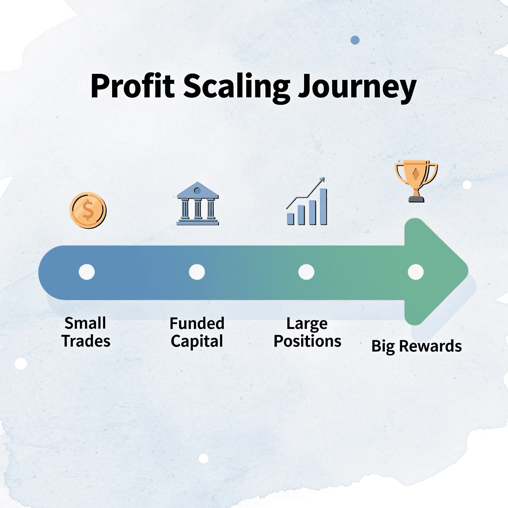Progression arrow showing journey from small trades to big rewards through funded capital