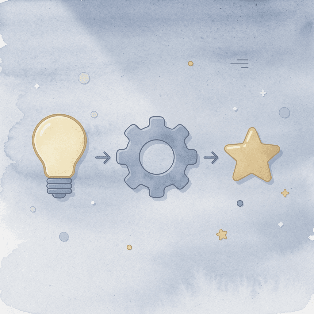 Three icons showing evaluation process steps