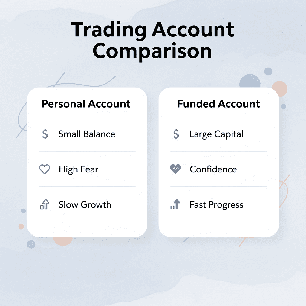 Comparison table showing differences between personal and funded trading accounts