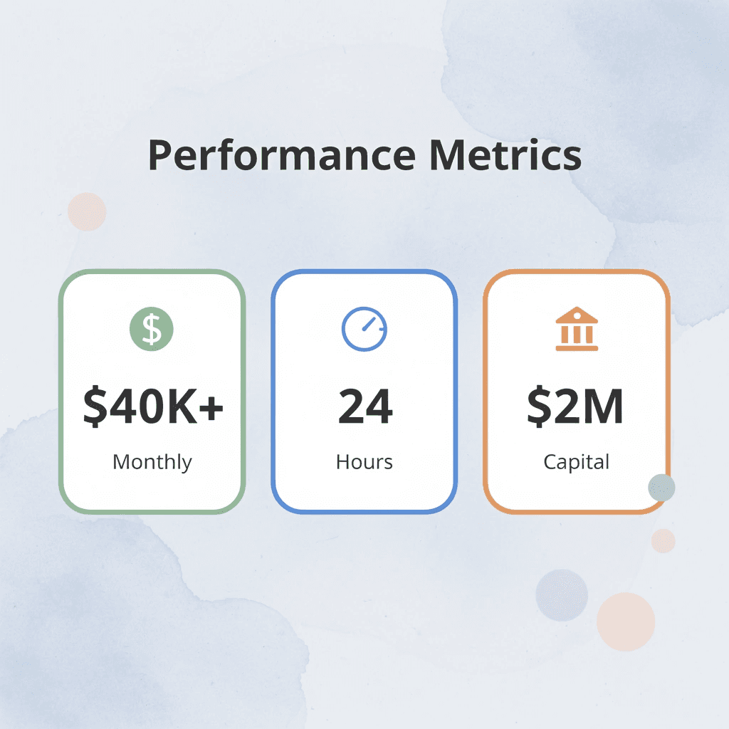 Performance metrics showing monthly earnings, payout time, and available capital