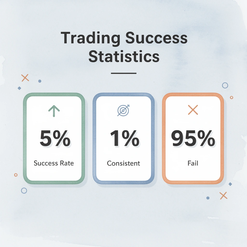 Statistics showing trading success rates with 5% overall success, 1% consistent profits, and 95% failure rate
