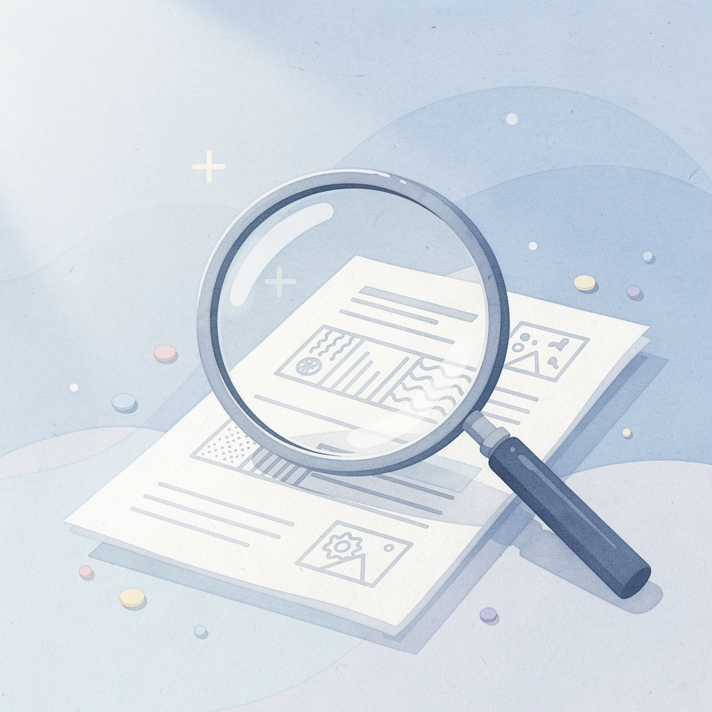 Magnifying glass examining documents representing third-party review verification