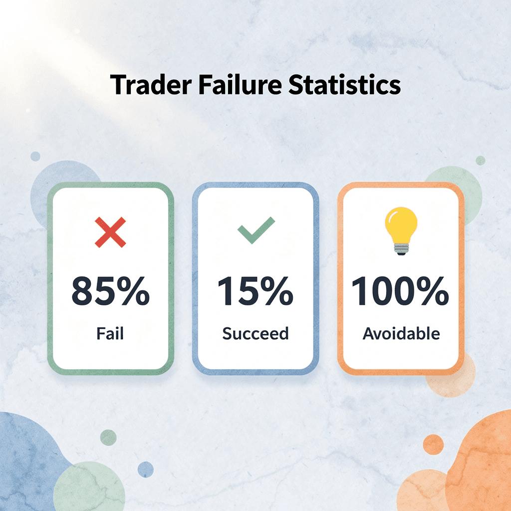 Statistics showing 85% trader failure rate and success factors