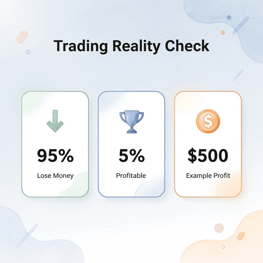 Statistics showing trading success rates and example profit