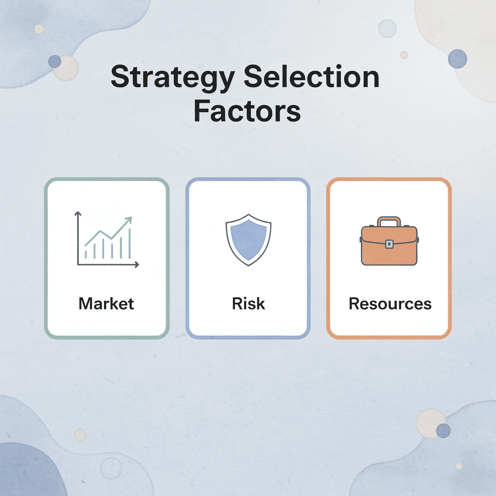 Three cards showing key factors for options strategy selection