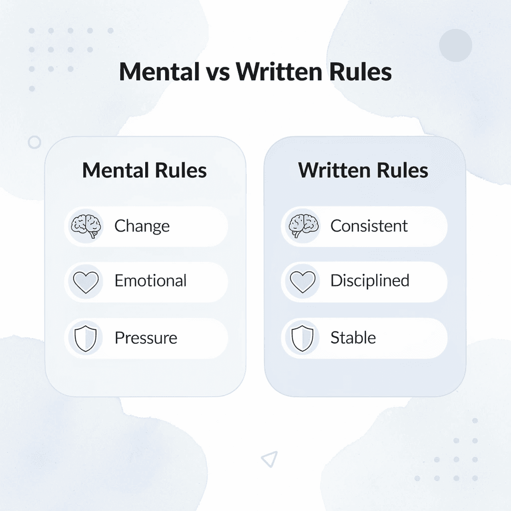 Comparison between mental rules and written trading rules