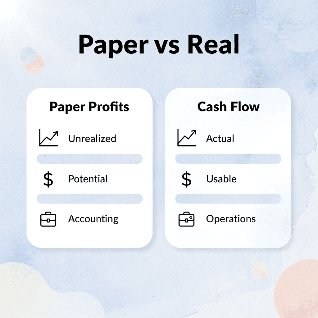 Comparison between paper profits and actual cash flow