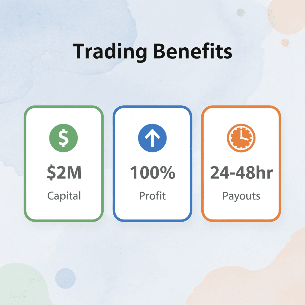 Key trading metrics showing capital, profit splits, and payout times