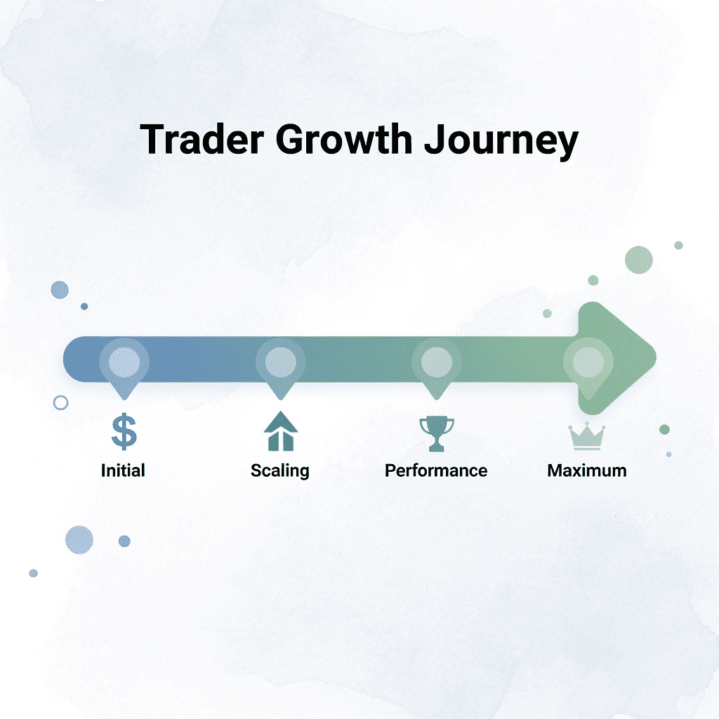 Infographic showing trader growth progression from initial funding to maximum capital