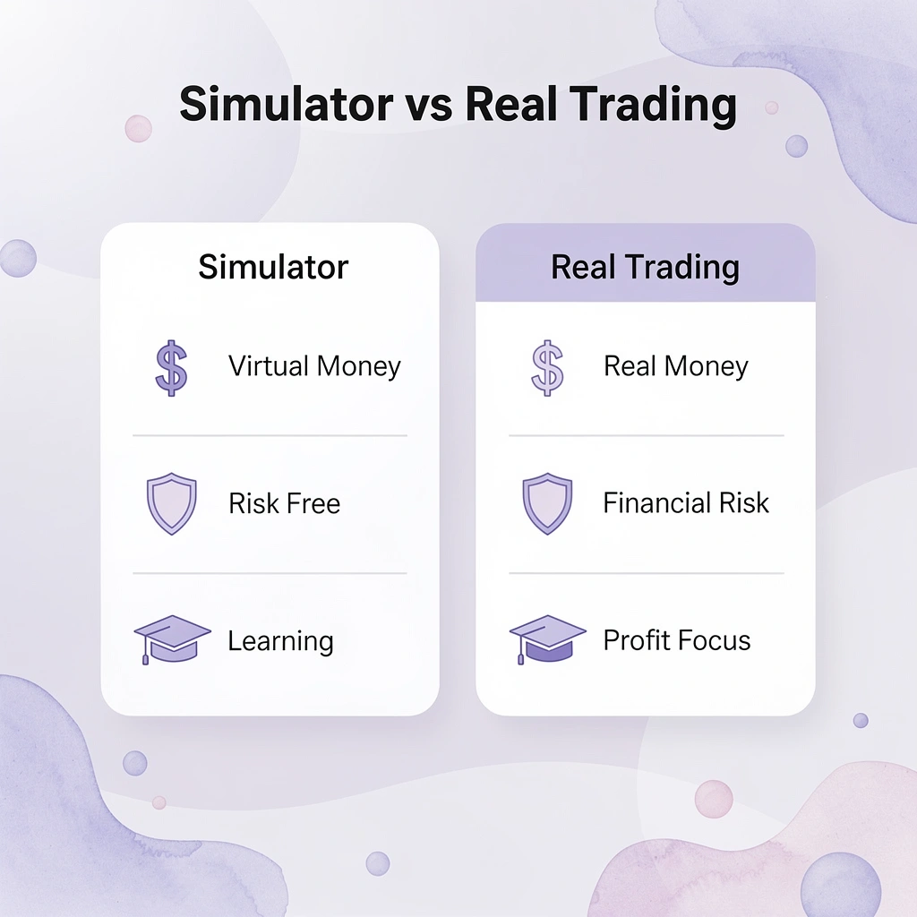 Comparison chart showing simulator versus real trading differences
