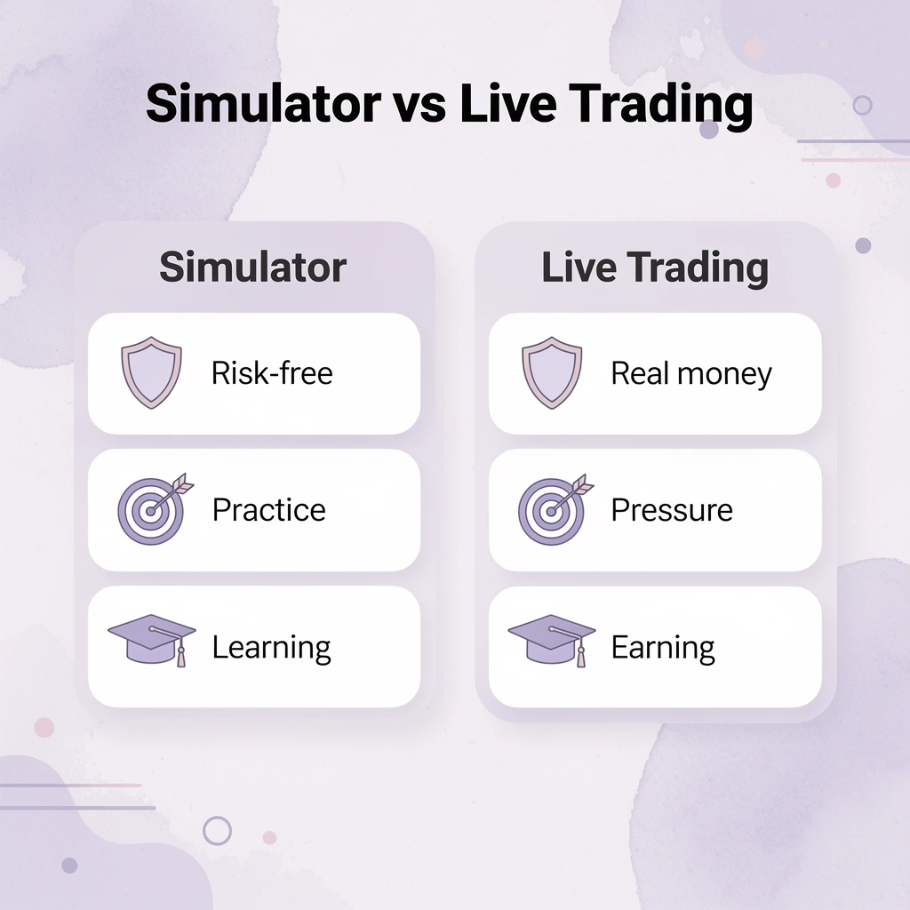 Comparison infographic showing simulator versus live trading differences