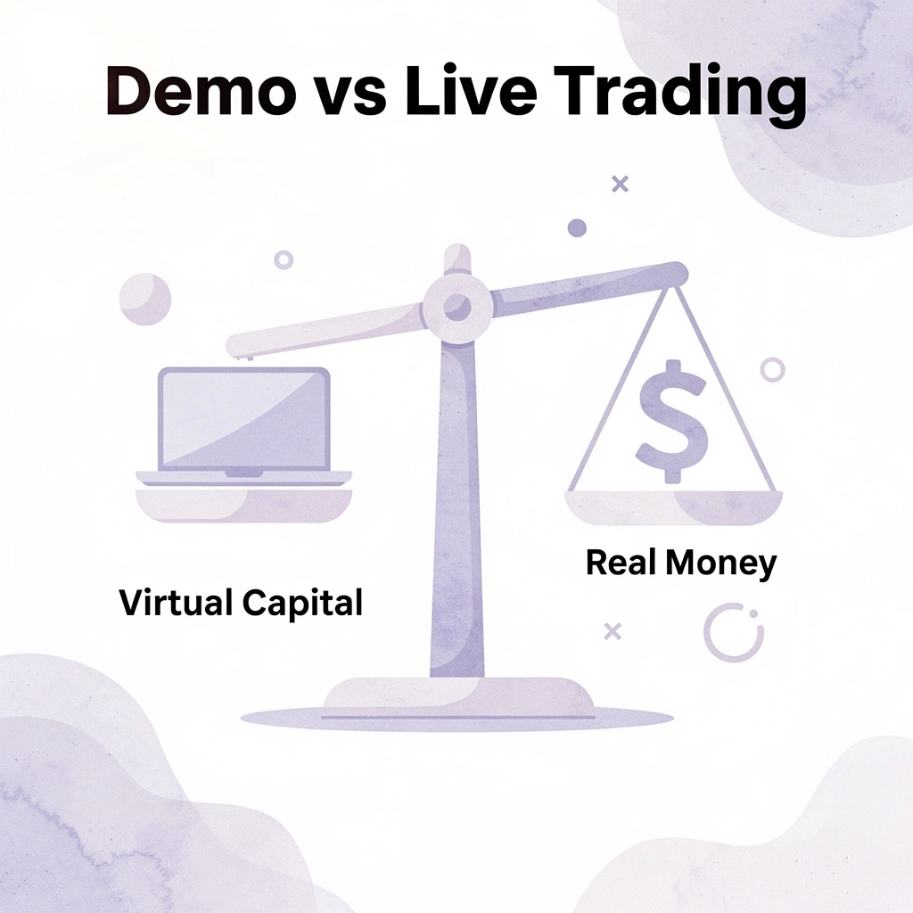 Balance scale comparing demo trading with live trading