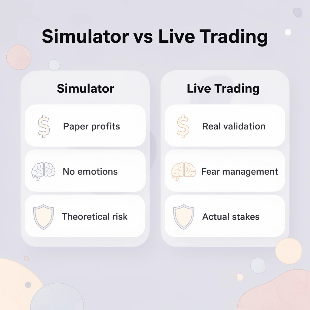 Comparison table showing simulator versus live trading differences