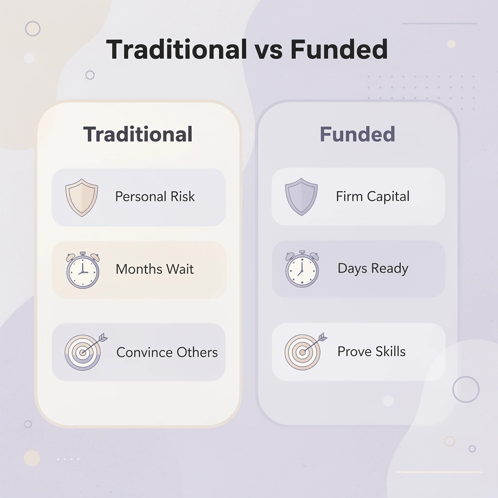 Comparison chart showing traditional path versus Goat Funded Trader approach