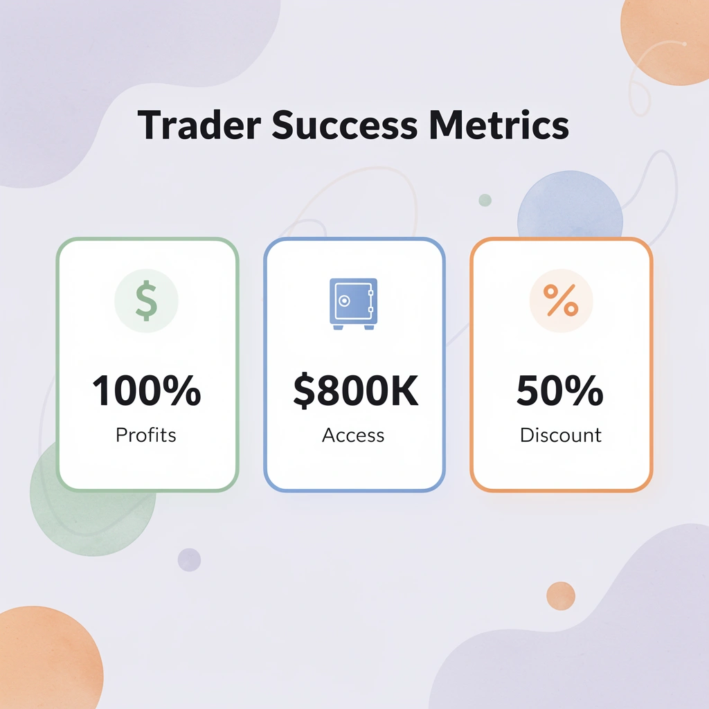 Statistics showing 100% profits, $800K access, and 50% discount