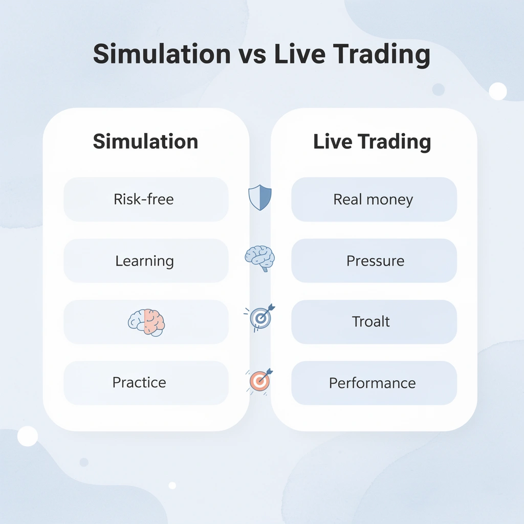Comparison infographic showing differences between simulation and live trading