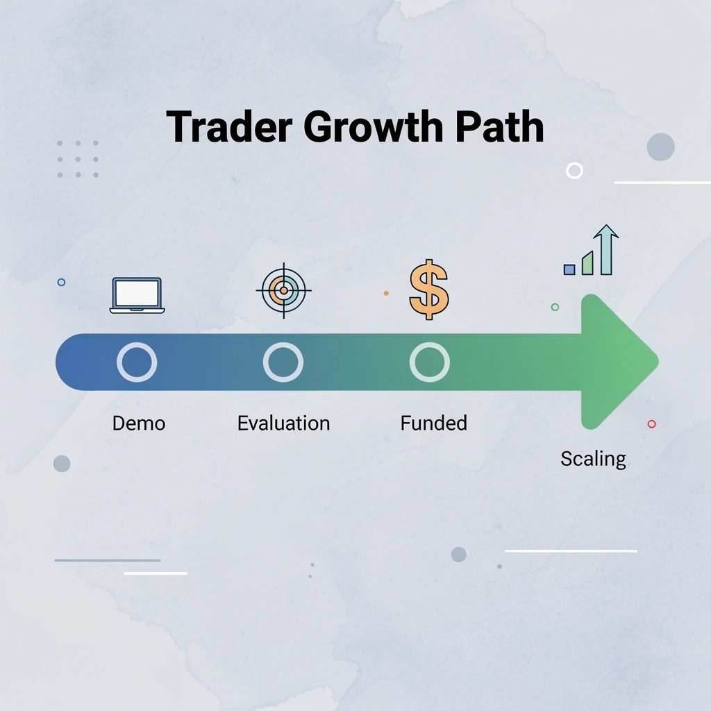 Arrow progression showing trader growth from demo to scaling