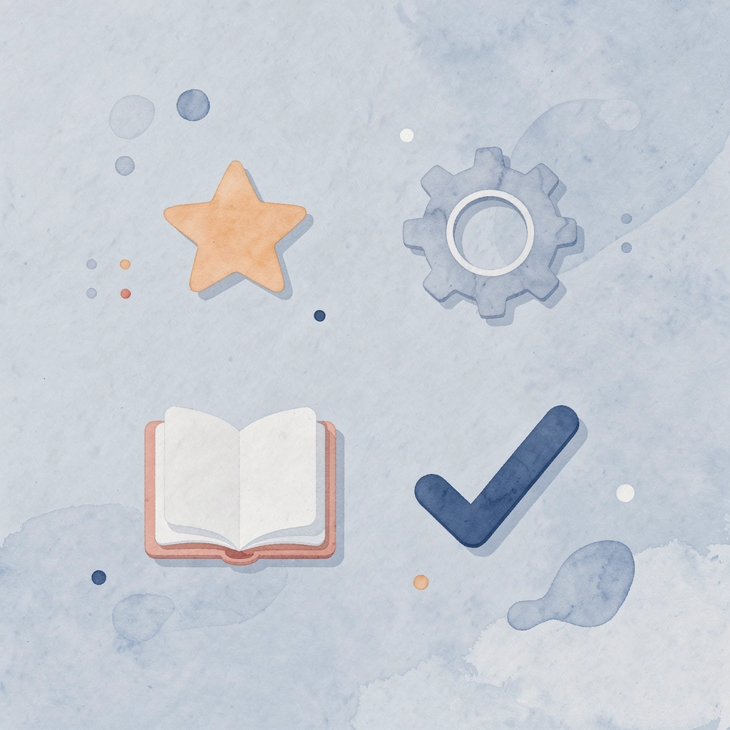 Four icons representing simulator evaluation criteria