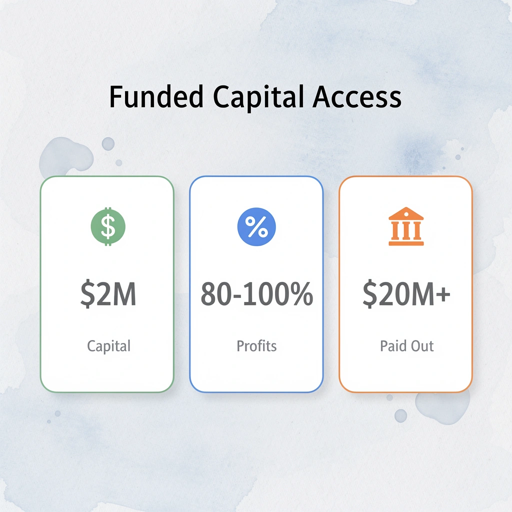 Key metrics showing funded capital access and profit sharing