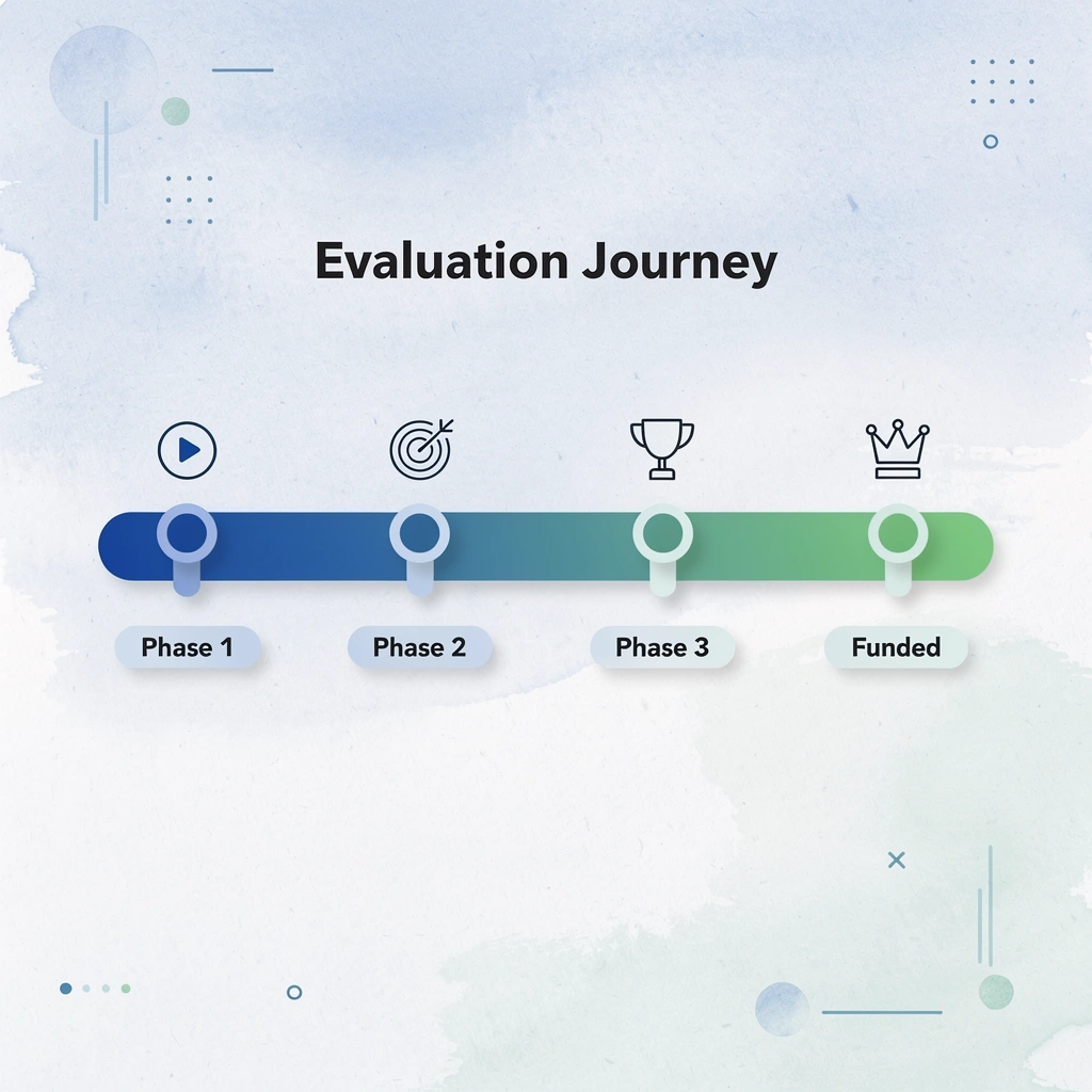 Progression arrow showing evaluation phases from start to funded status