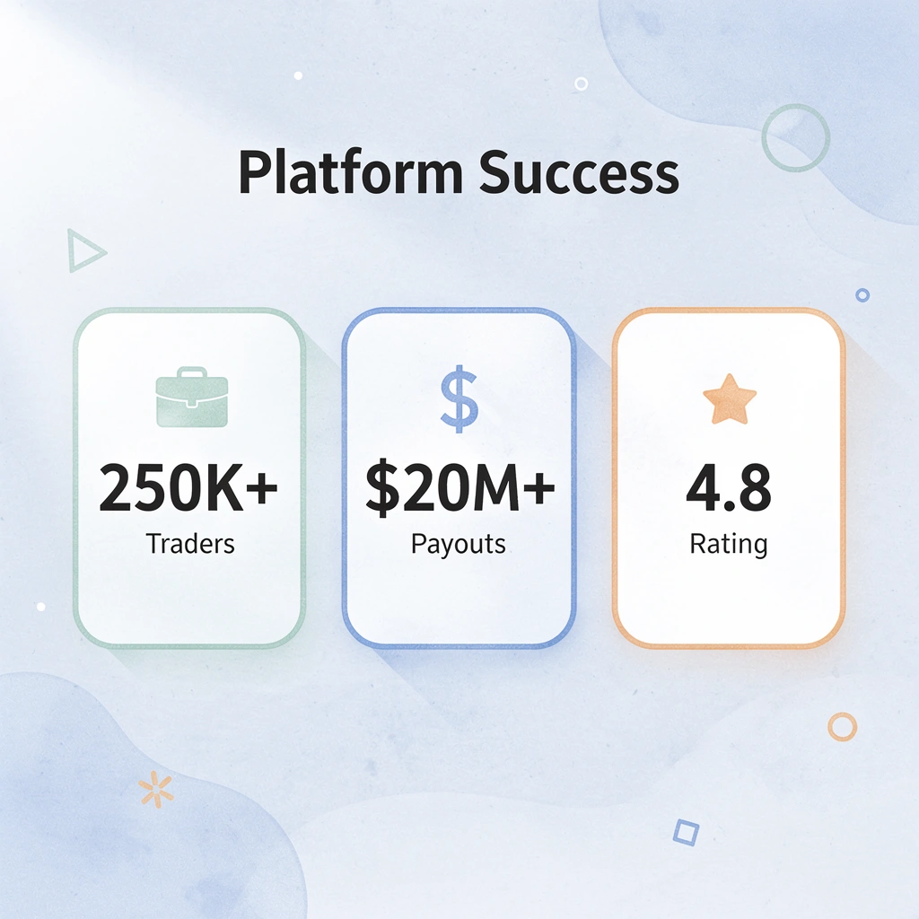 Key platform statistics showing trader count, payouts, and rating