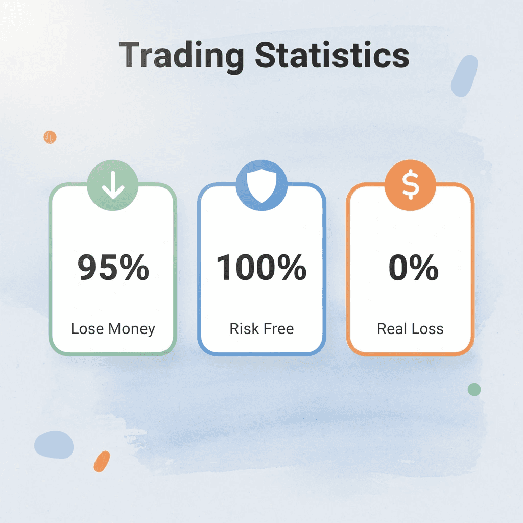 Trading statistics showing 95% lose money, 100% risk-free practice, 0% real losses