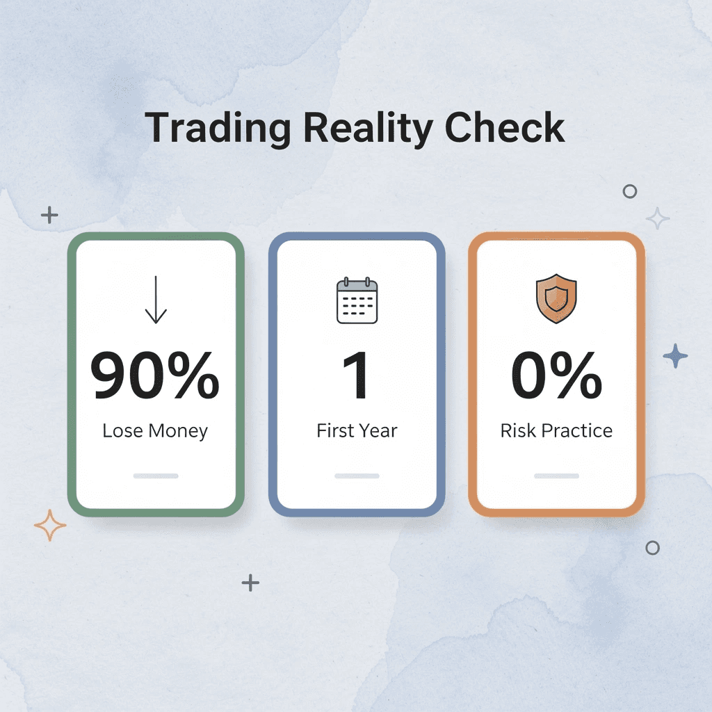 Statistics showing 90% of traders lose money in the first year vs 0% risk in practice