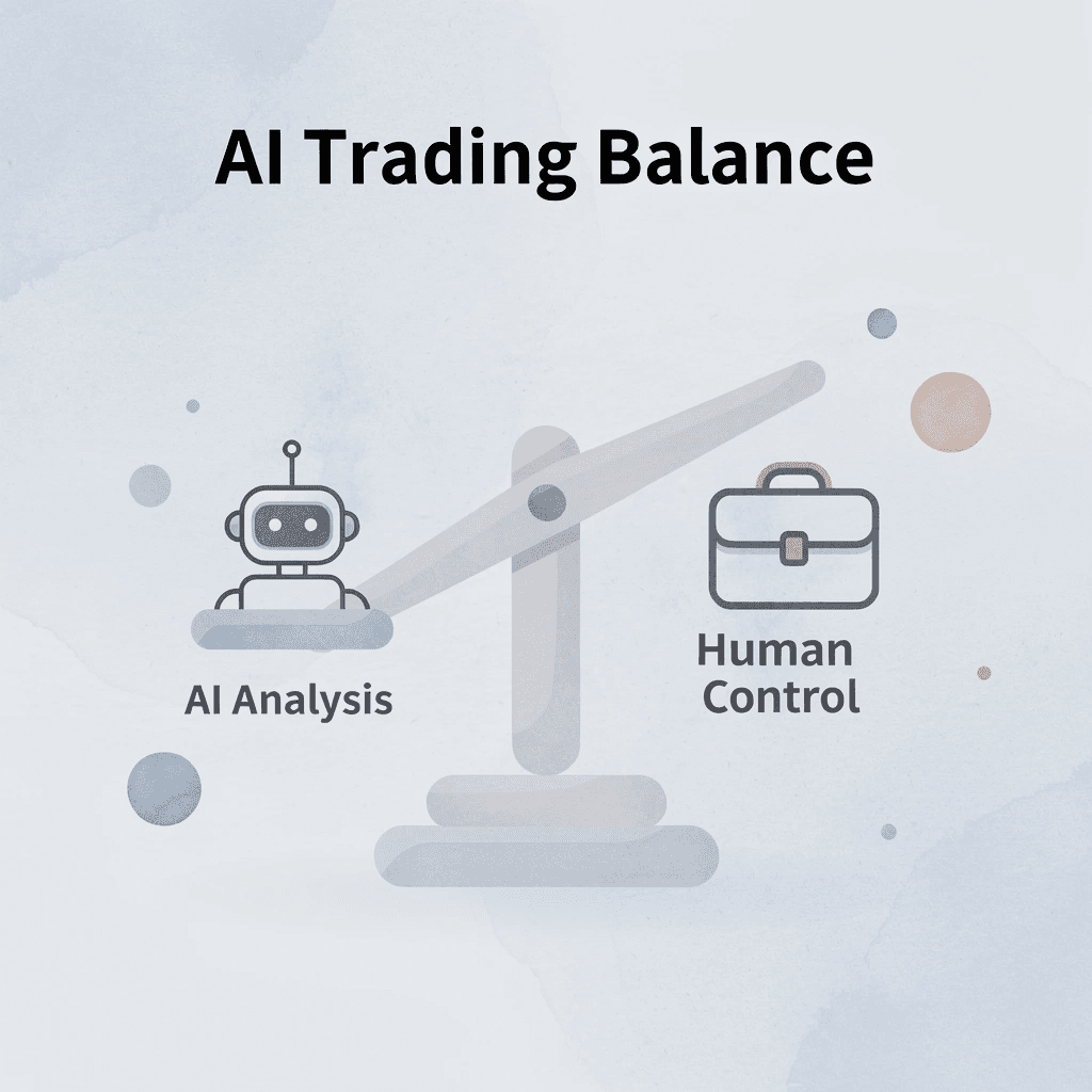 Balance scale showing AI analysis versus human control in trading