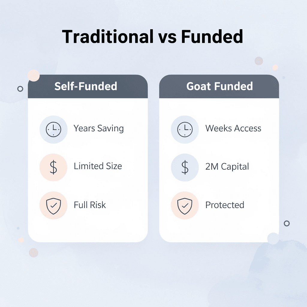 Comparison between traditional self-funded trading and the Goat Funded Trader approach