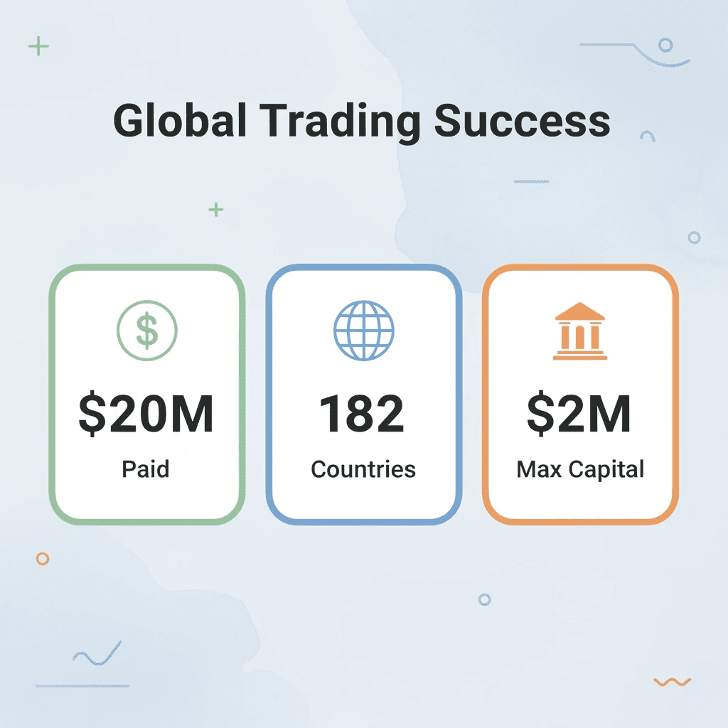 Statistics showing $20M paid to traders across 182 countries with up to $2M capital access