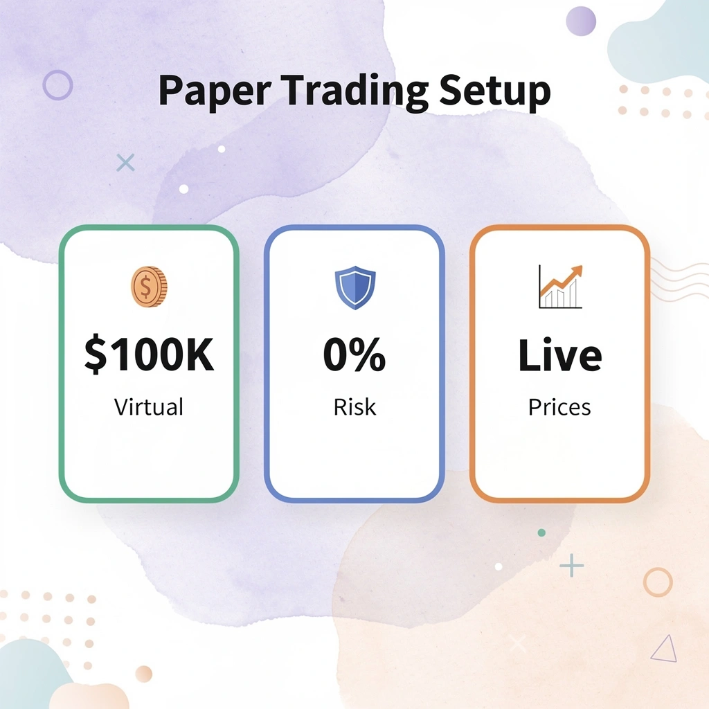 Statistics showing paper trading account setup with virtual funds and zero risk