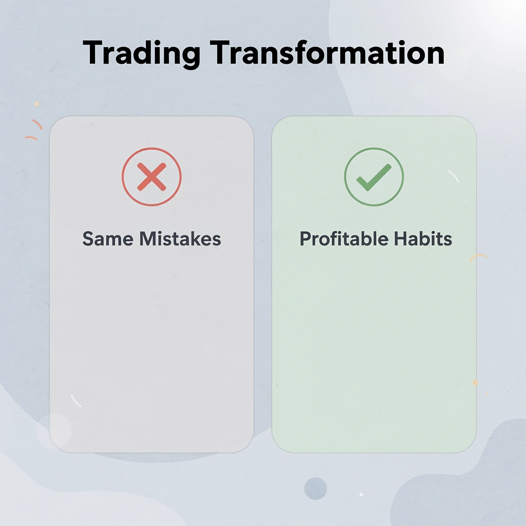 Before and after comparison showing transformation from mistakes to profitable habits