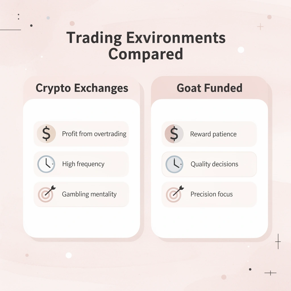 Comparison between crypto exchanges and Goat Funded Trader environments