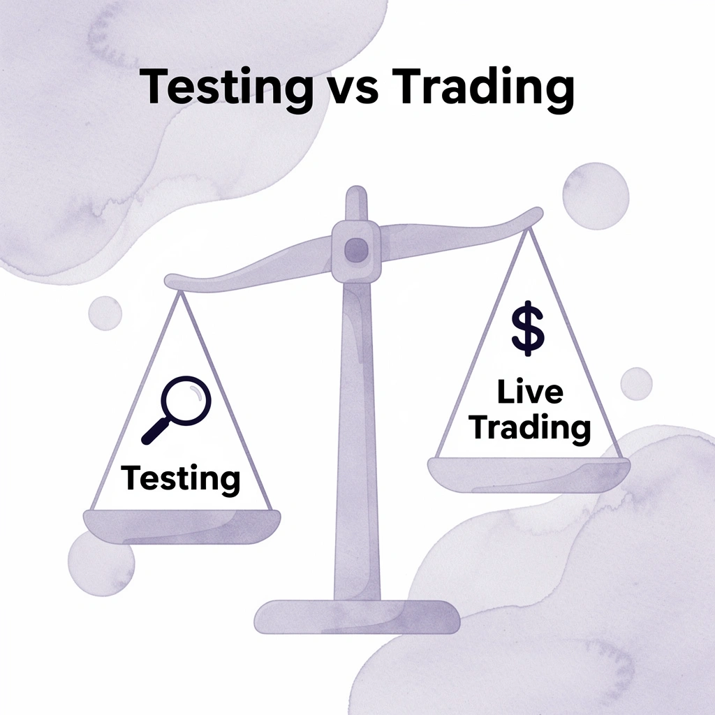 Balance scale comparing testing versus live trading decisions