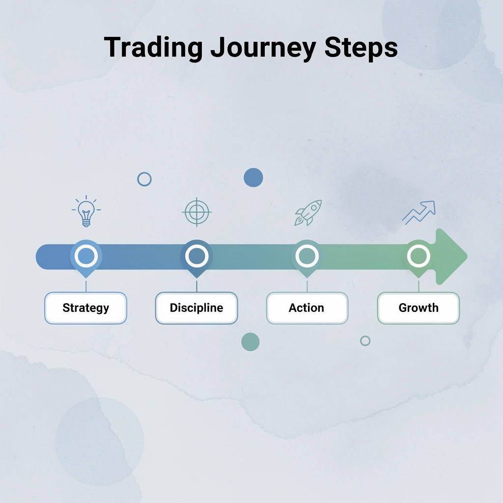 Progressive arrow showing four steps in trading journey from strategy to growth