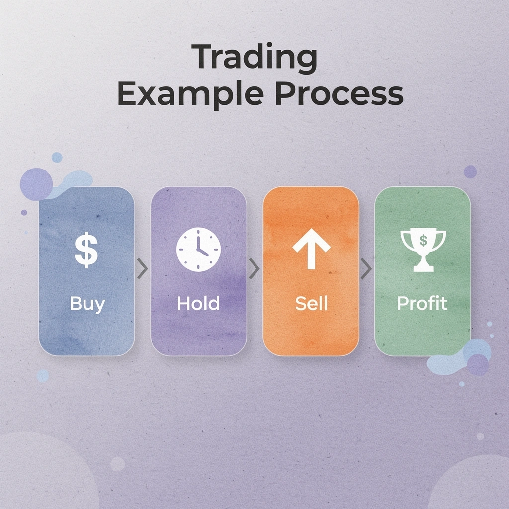 Process flow showing crypto trading steps from buy to profit