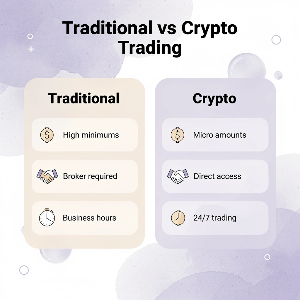 Comparison infographic showing traditional vs crypto trading differences