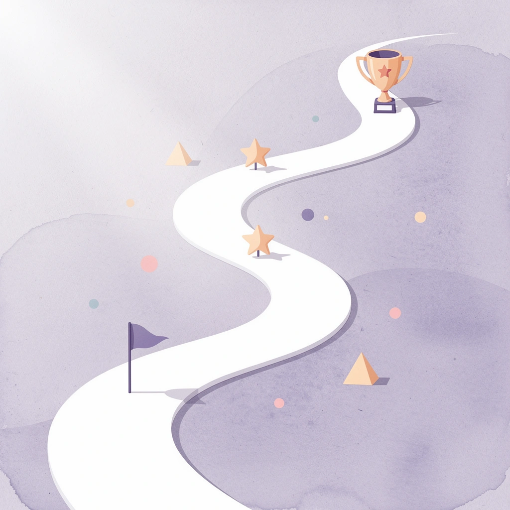 Winding path with milestone markers representing the beginner's crypto trading journey