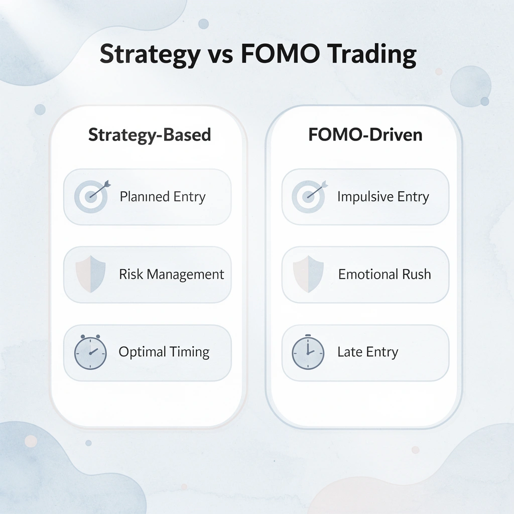 Comparison table showing strategy-based versus FOMO-driven trading characteristics