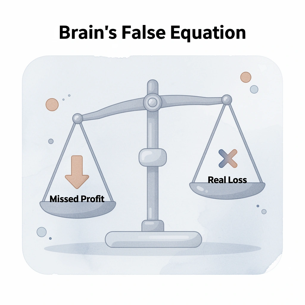 Balance scale showing missed profit and real loss as equal weights