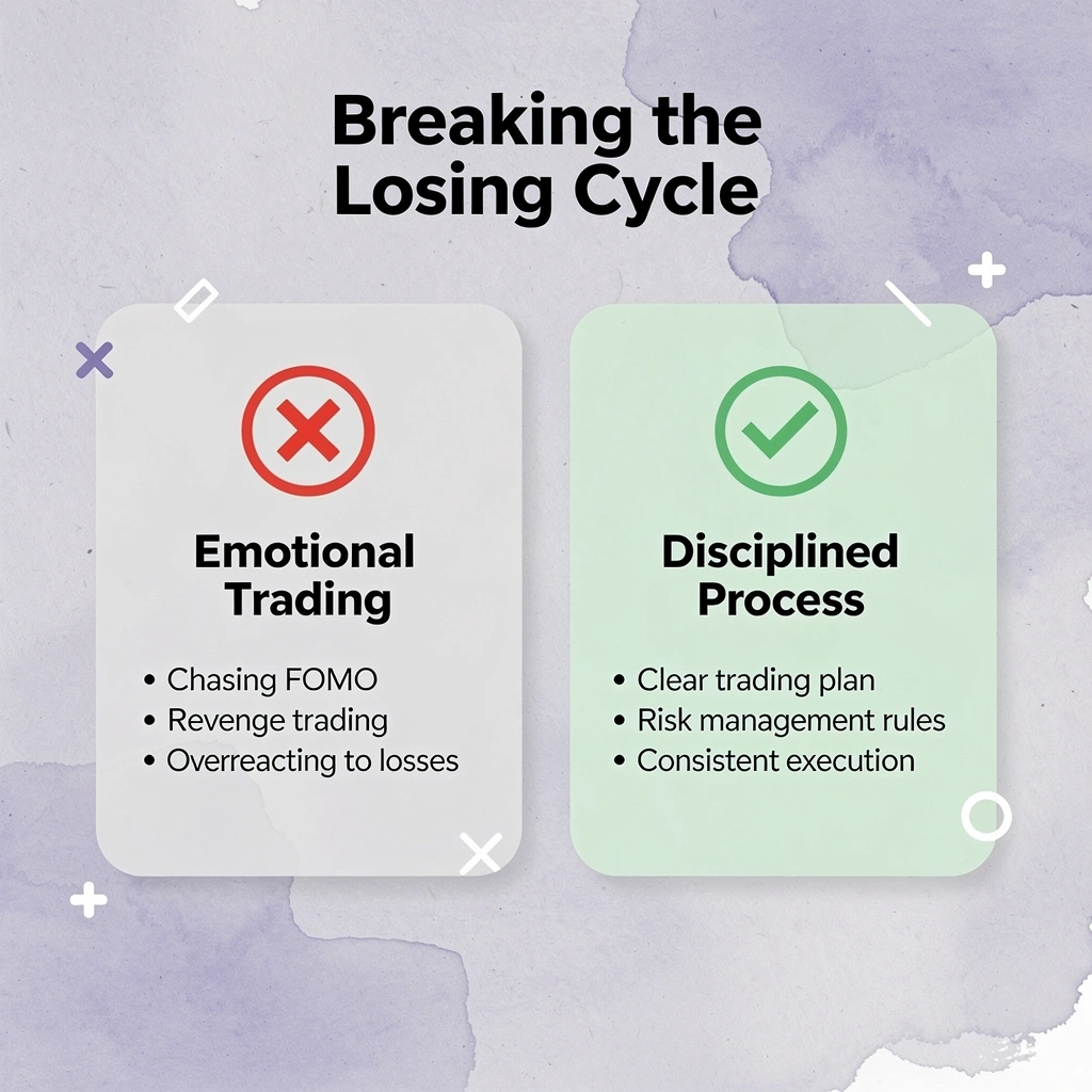 Before and after infographic showing emotional trading versus disciplined process
