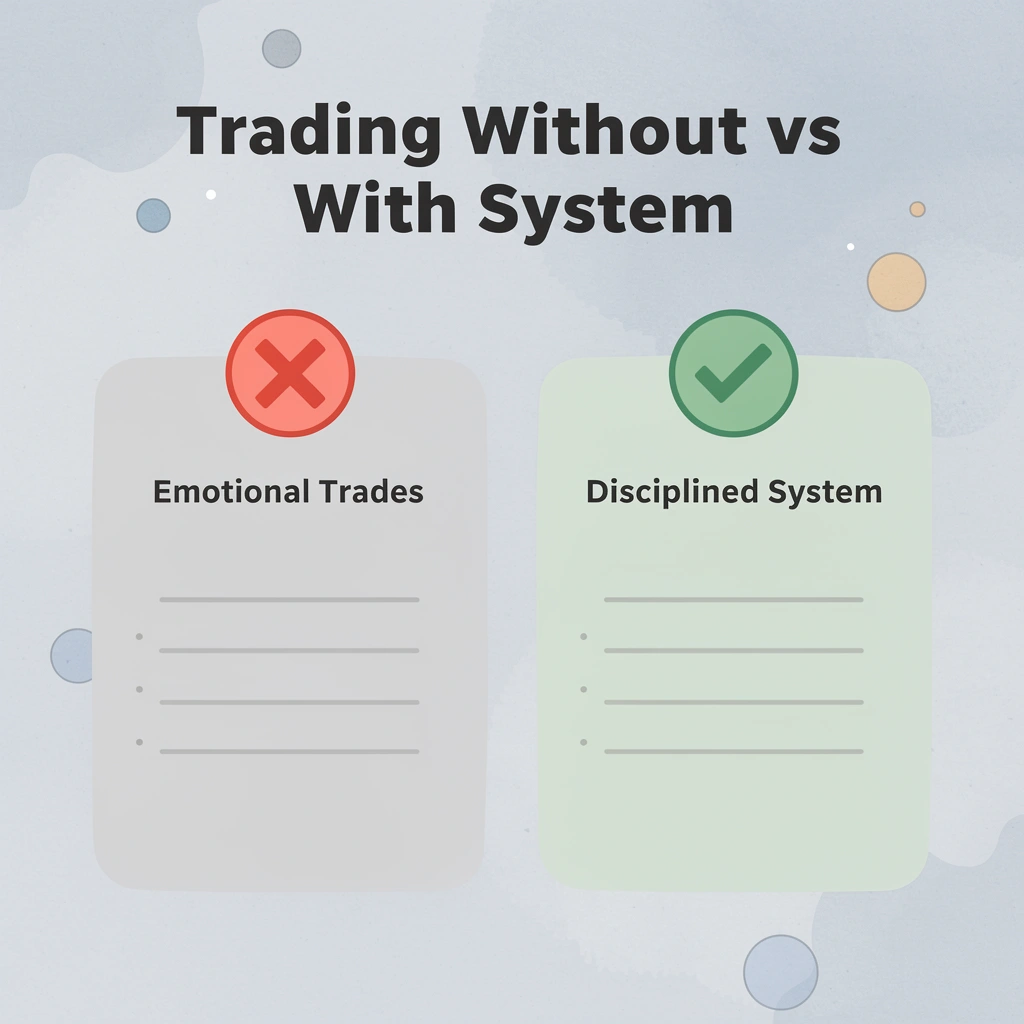 Before and after infographic showing emotional trading versus disciplined system trading