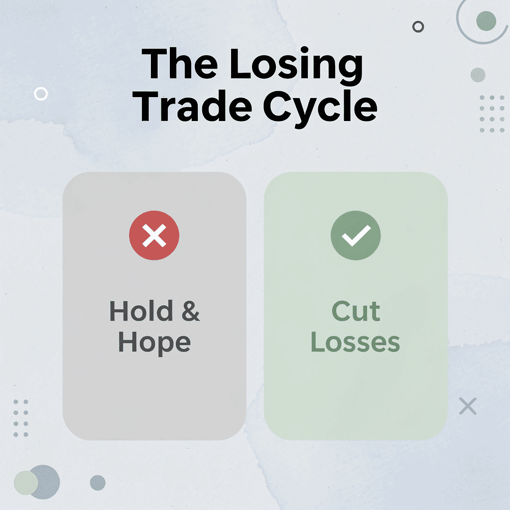 Before and after infographic showing the difference between holding a losing trade versus cutting losses early
