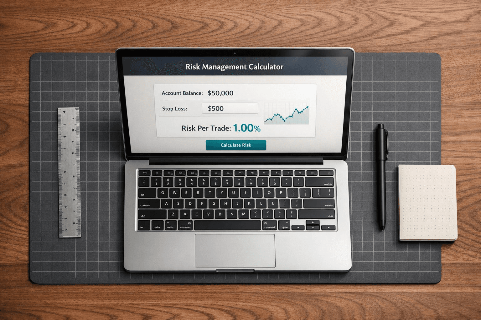 Laptop displays risk tools - Trading Risk Management 1% Rule Explained