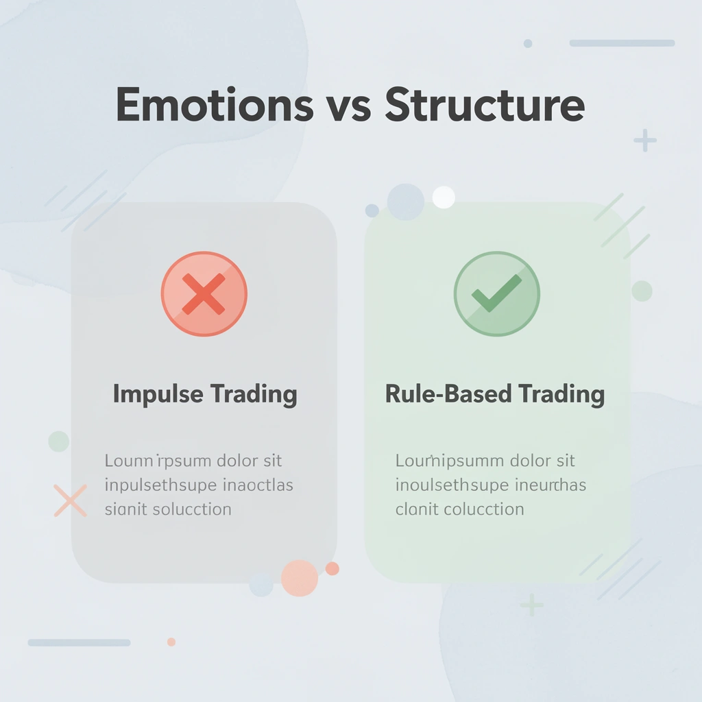 Before and after infographic showing impulse trading versus rule-based structured trading
